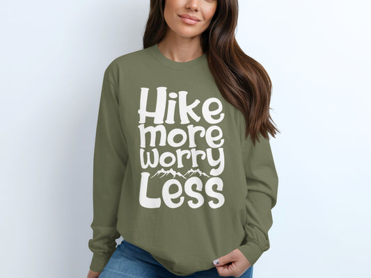 Hike More Worry Less With Mountain Graphic Long Sleeve T-Shirt Long Sleeve Tee - Outdoor & Adventure Collection - Mile Marker 16 Gear by Cloud 16 Clothing Co.