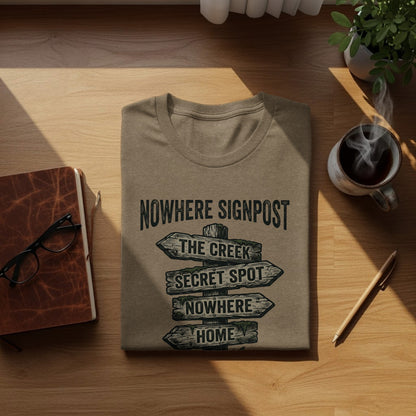 Nowhere Signpost Adventure: Backcountry Outpost Shirt: T-shirt with distressed wooden signpost pointing to The Creek, Secret Spot, Nowhere, and Home.