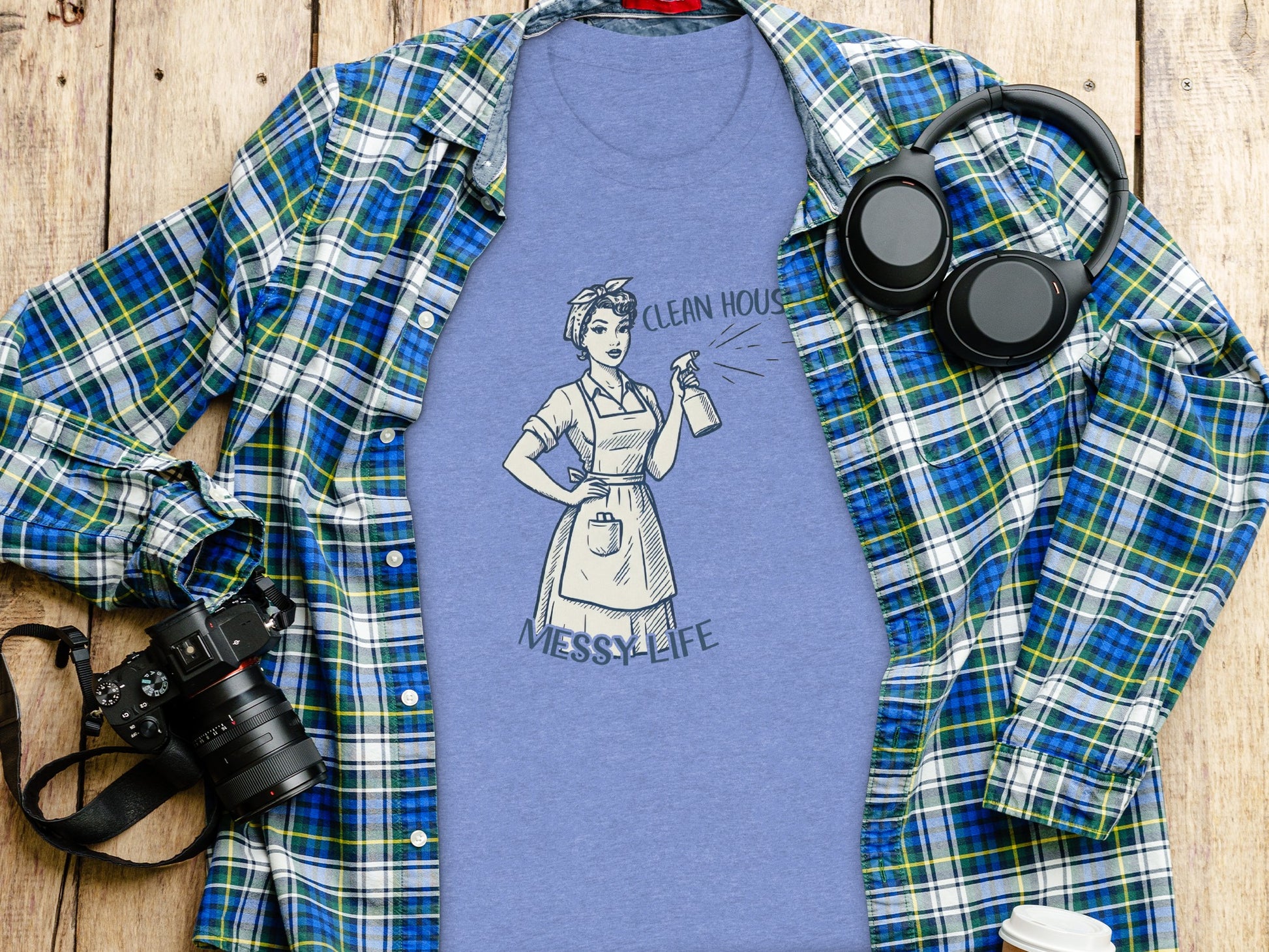 Blue Graphic Tee Clean House Messy Life Design Shirt