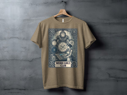 T-shirt design with vintage clockwork, gears, and "Weird Girls Club" text.