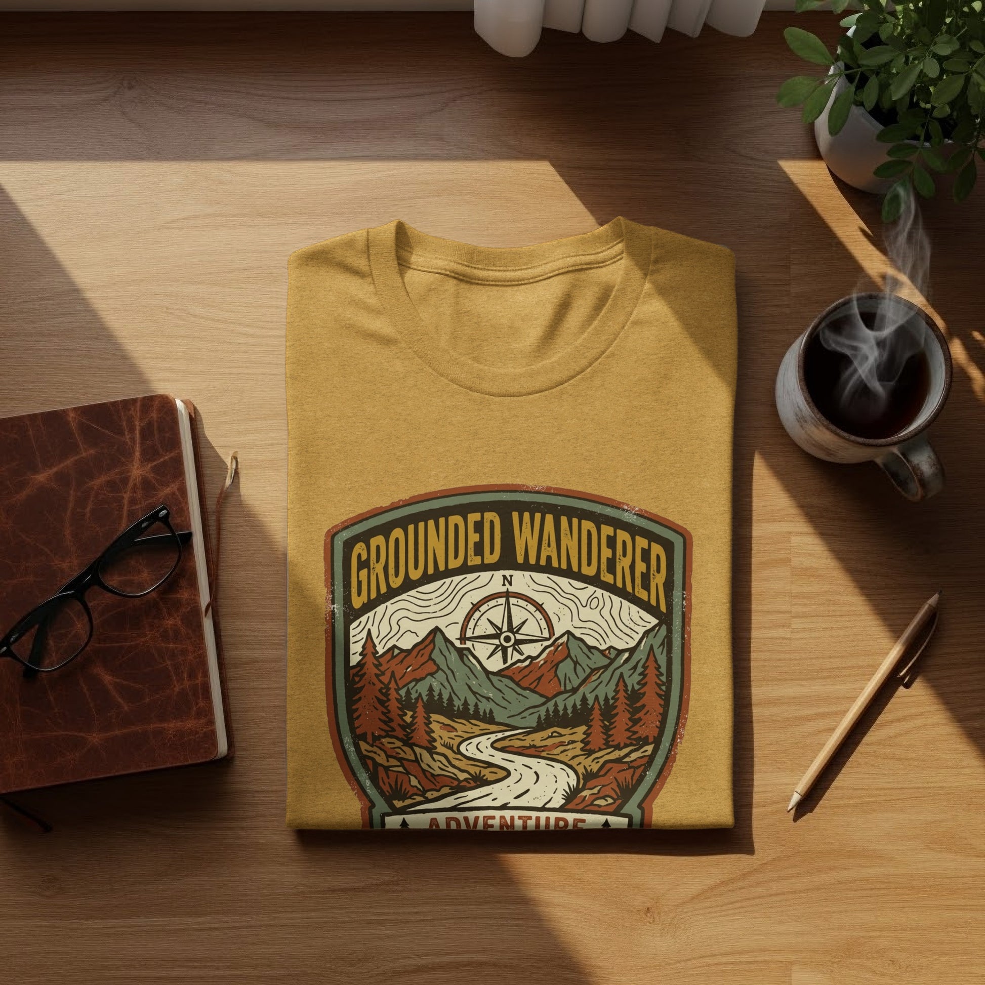 Heritage Grounded Wanderer Adventure Nomad Tee: Mustard t-shirt with "Grounded Wanderer Adventure" mountain landscape design.