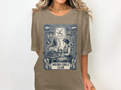 T-shirt with vintage illustration of a woman and gramophone, "Weird Girls Club" text.