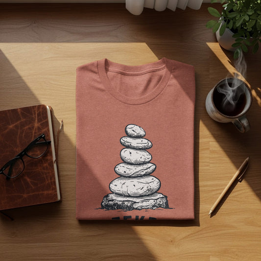 Creekbed Scout Cairn Graphic: The Explorer's Adventure Tee: Terracotta t-shirt with stacked balancing stones graphic and "ZEN" text.