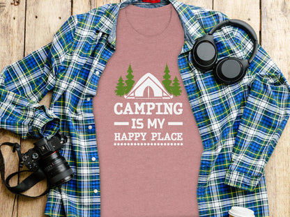 Camping Is My Happy Place Tent And Trees Graphic T-Shirt T-Shirt - Outdoor & Adventure Collection - Mile Marker 16 Gear by Cloud 16 Clothing Co.
