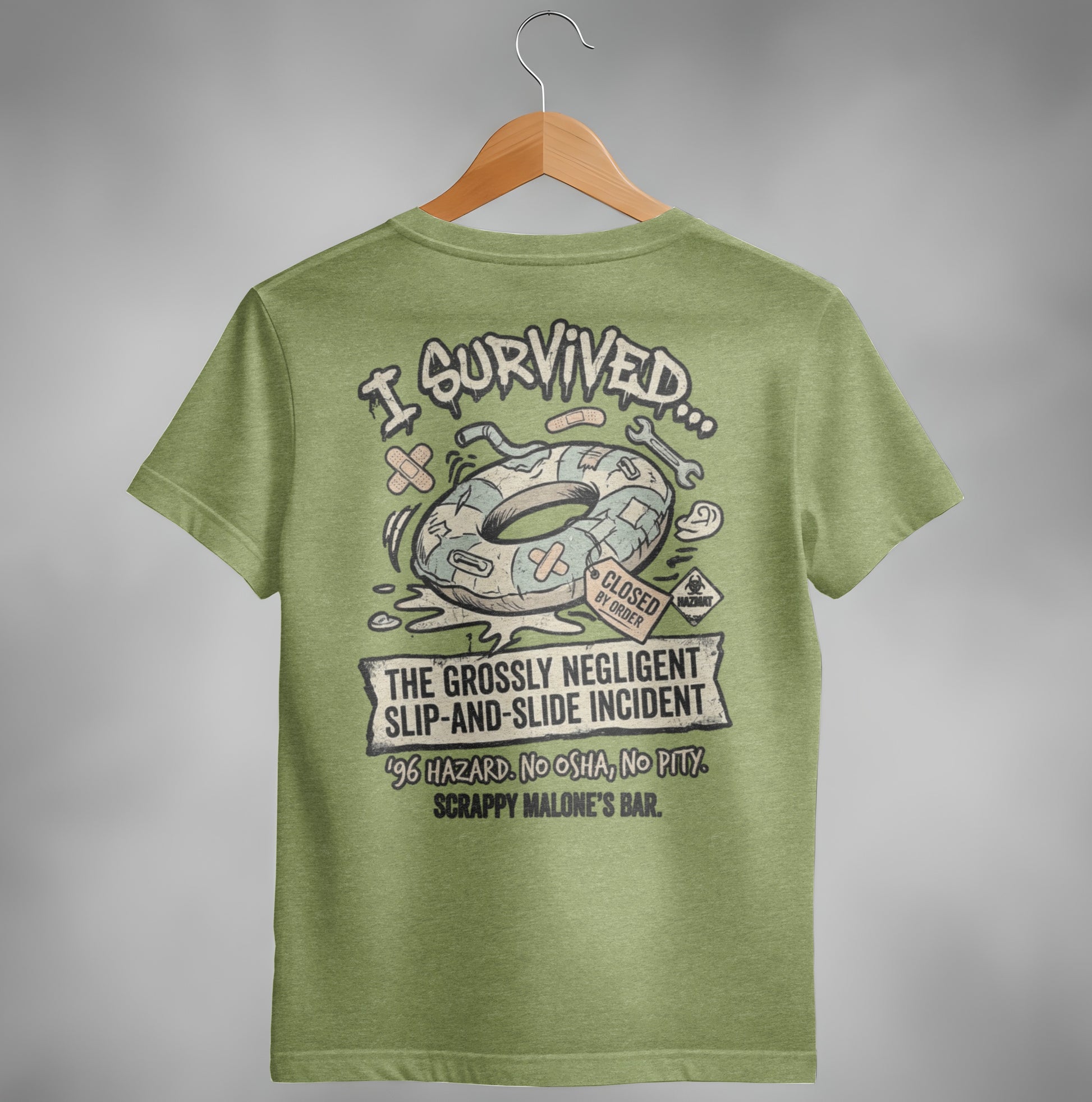 T-shirt graphic: "I Survived" doughnut float, hazard symbols, text about negligent slip-and-slide incident.