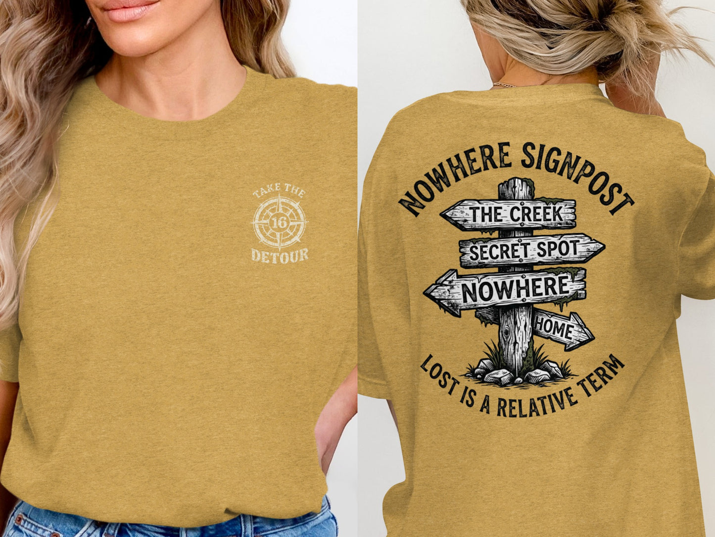 Yellow t-shirt with "Take the Detour" on front, "Nowhere Signpost" design on back.