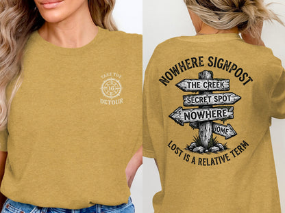 Yellow t-shirt with "Take the Detour" on front, "Nowhere Signpost" design on back.