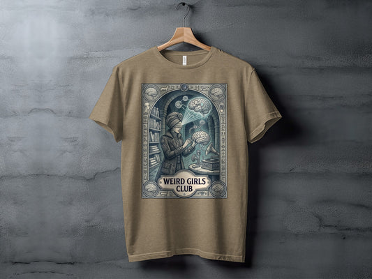 T-shirt with "Weird Girls Club" logo and vintage scientific illustration of a woman and brains.