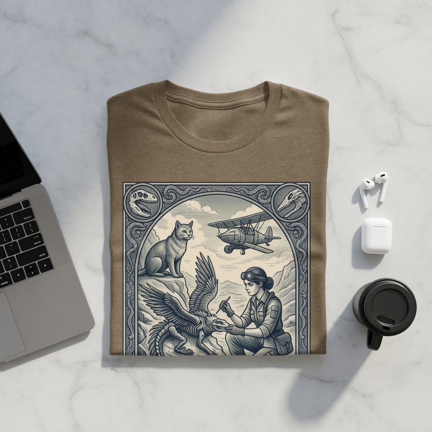 T-shirt featuring a framed illustration of a woman with a cat and an airplane.