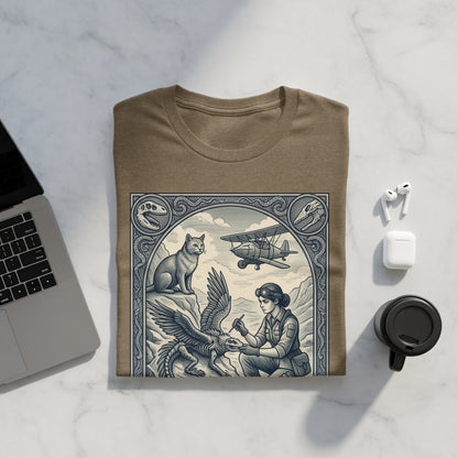 T-shirt featuring a framed illustration of a woman with a cat and an airplane.