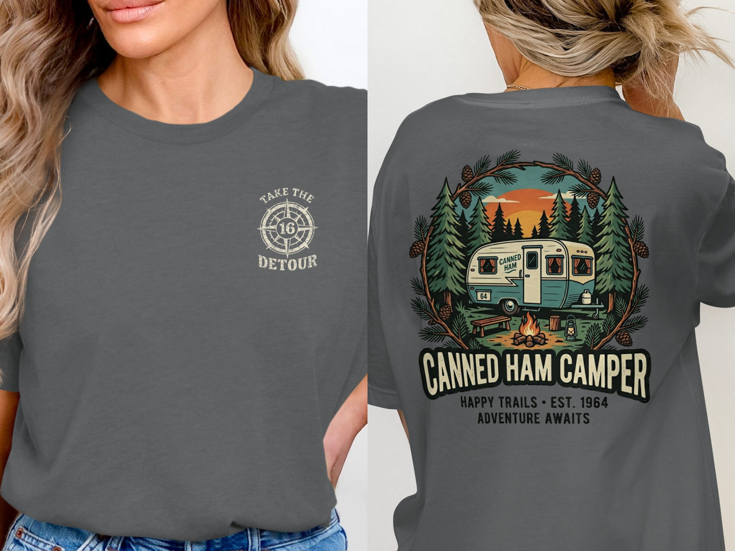 Grey t-shirt with "Take the Detour" compass graphic on front, "Canned Ham Camper" and vintage RV on back.