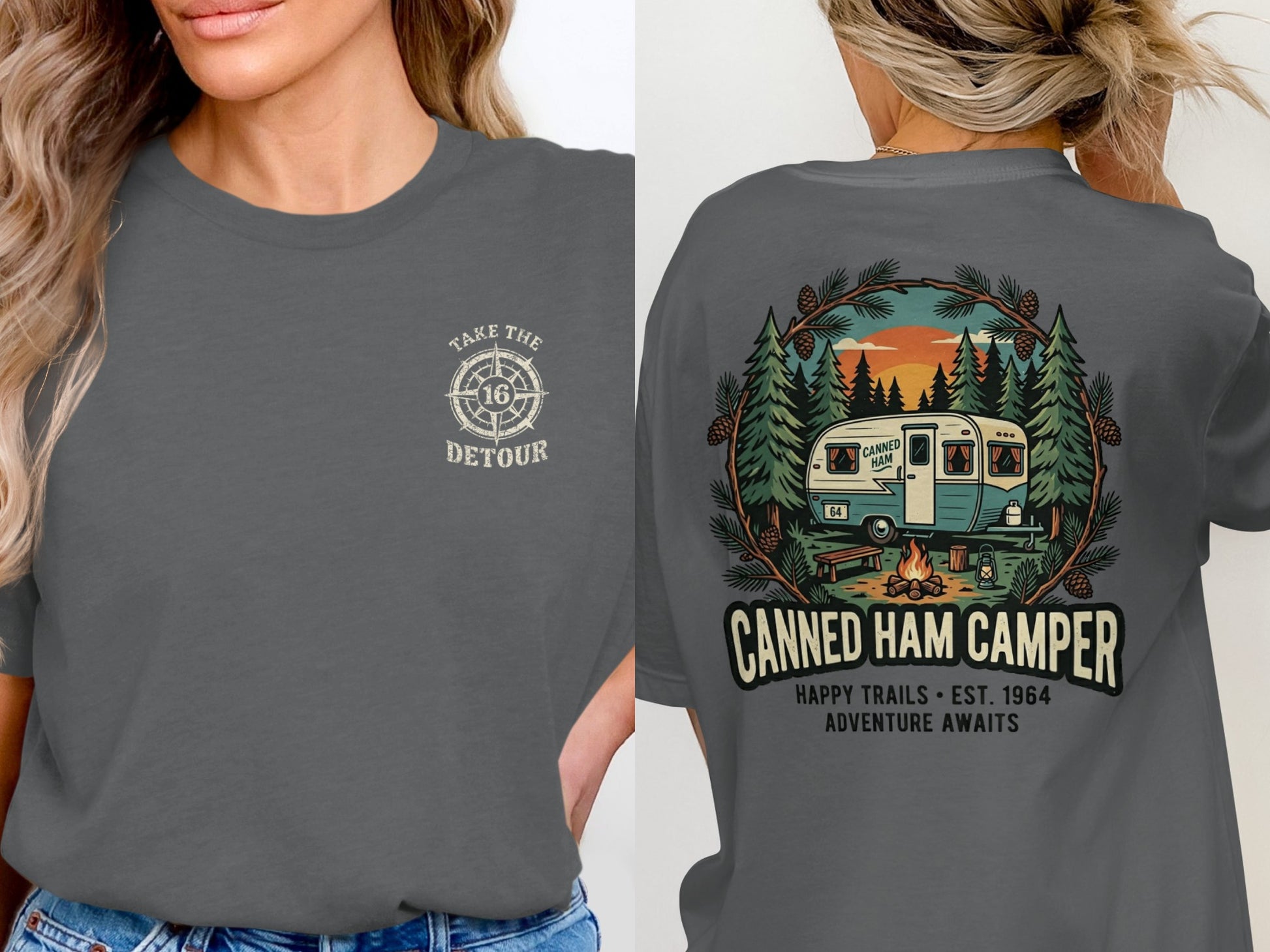 Grey t-shirt with "Take the Detour" compass graphic on front, "Canned Ham Camper" and vintage RV on back.