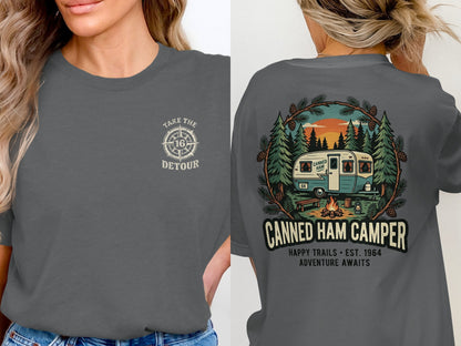 Grey t-shirt with "Take the Detour" compass graphic on front, "Canned Ham Camper" and vintage RV on back.