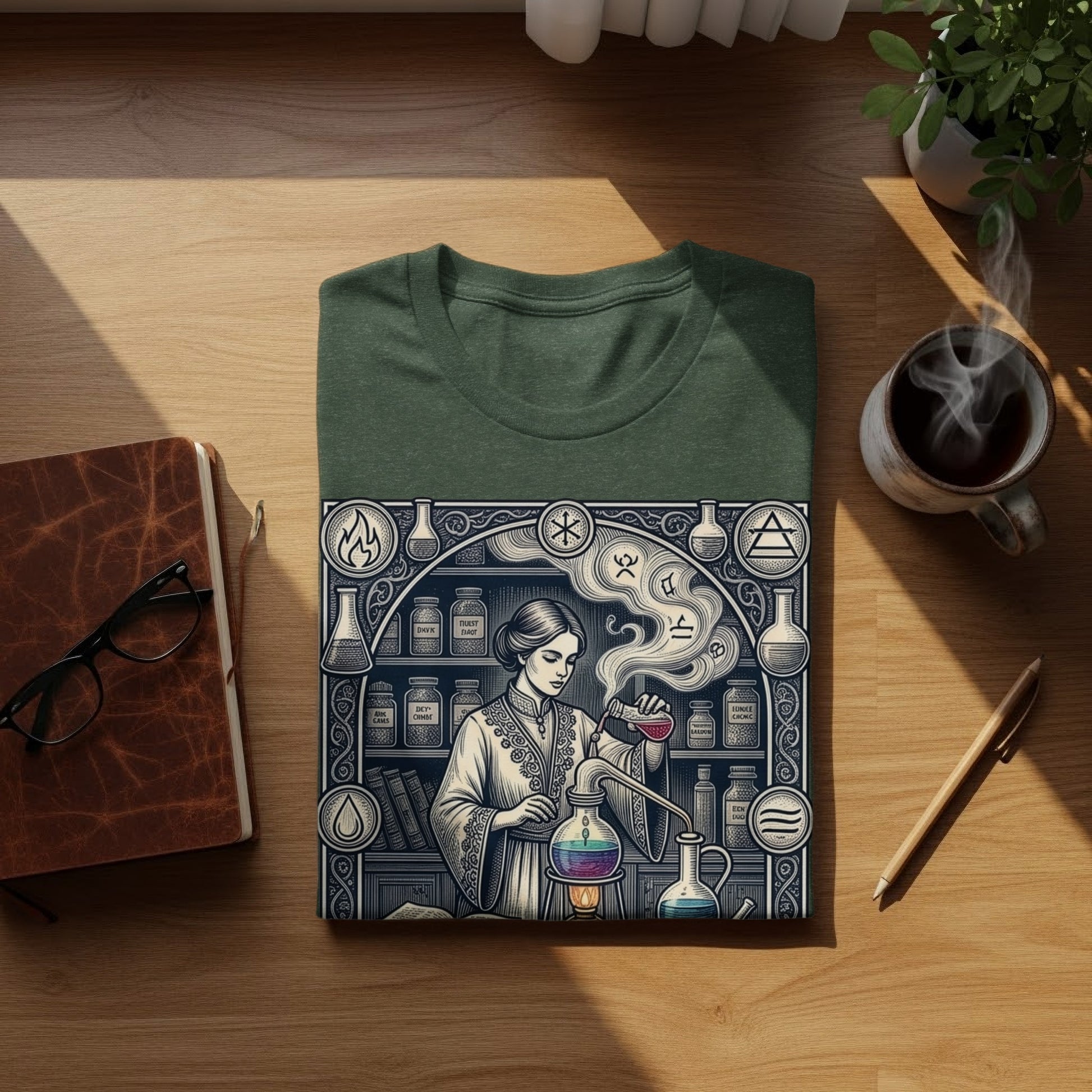 Dark green t-shirt featuring a detailed alchemist illustration with potion bottles.