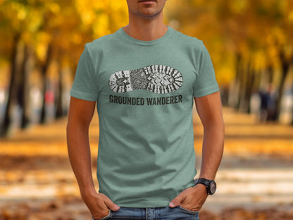 Grounded Wanderer Boot Print | Vintage Outdoor Apparel: Grey t-shirt with a boot print and "GROUNDED WANDERER" text.