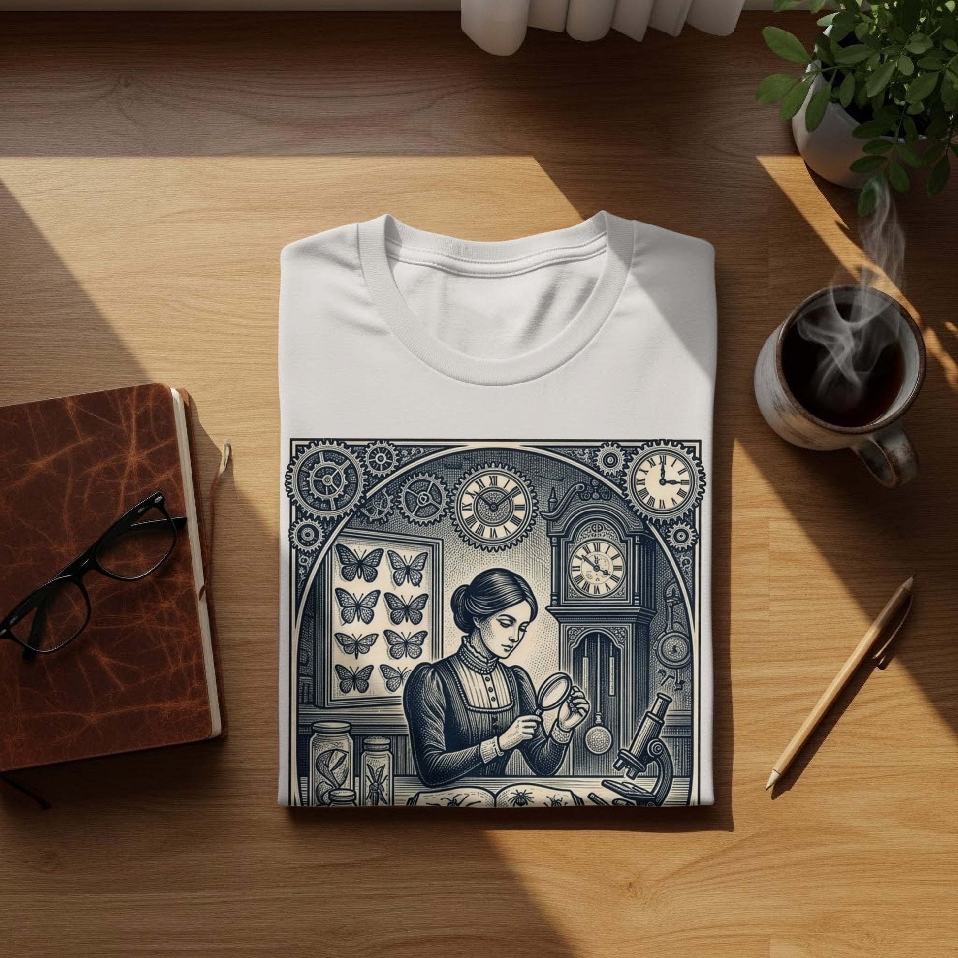 White t-shirt with Victorian-style illustration of a woman examining specimens.