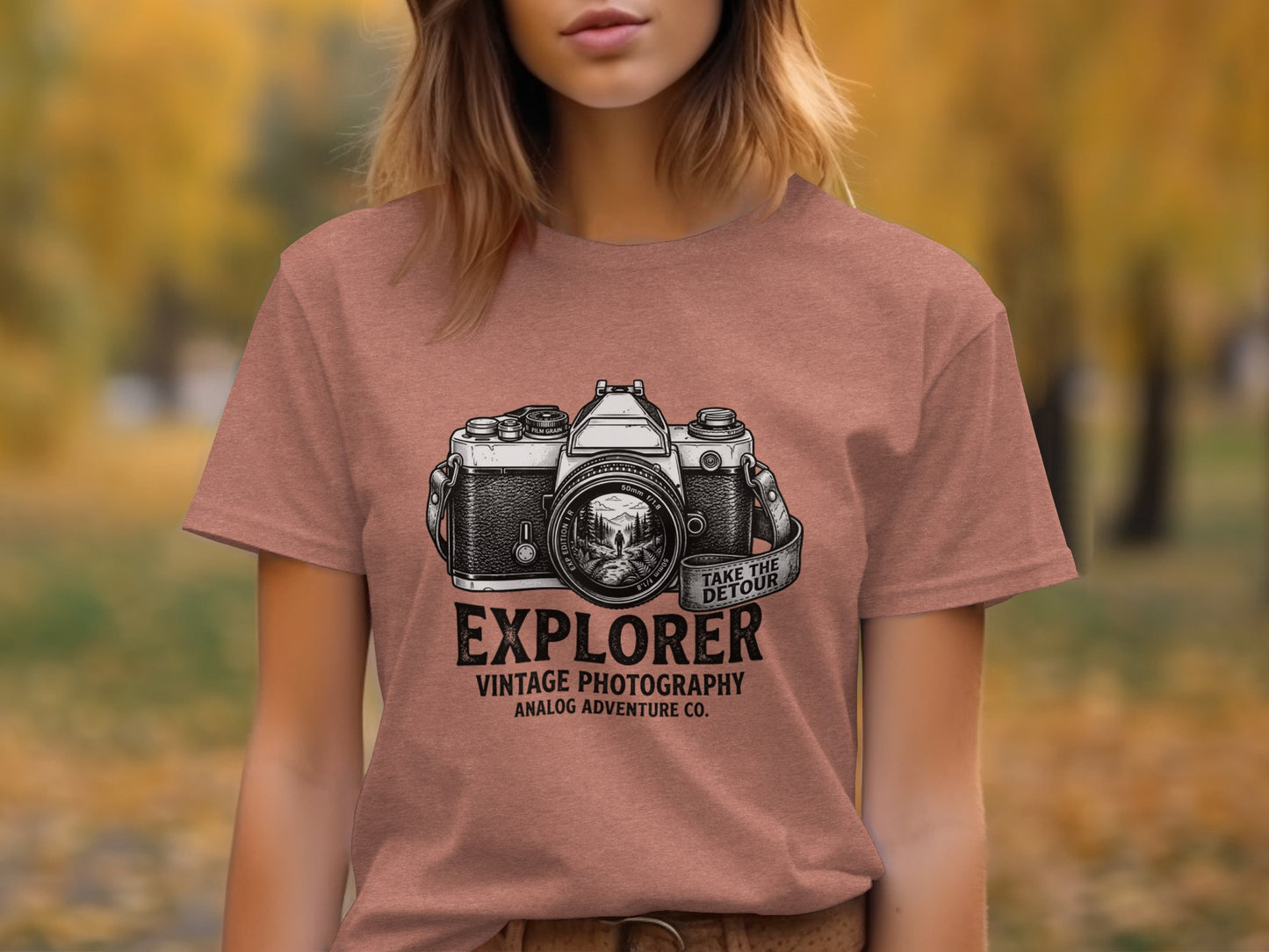The Analog Explorer's Detour: Backcountry Outpost Shirt: T-shirt graphic: vintage camera with "Explorer," "Vintage Photography," and "Take the Detour" text.