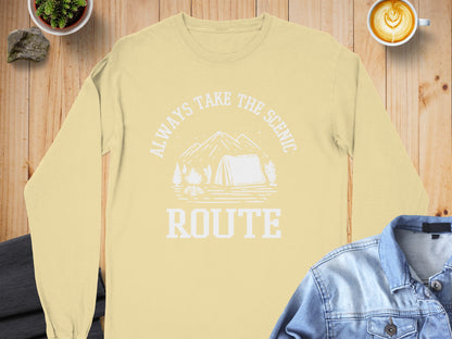 Always Take The Scenic Route Camping Adventure Long Sleeve T-Shirt Long Sleeve Tee - Outdoor & Adventure Collection - Mile Marker 16 Gear by Cloud 16 Clothing Co.