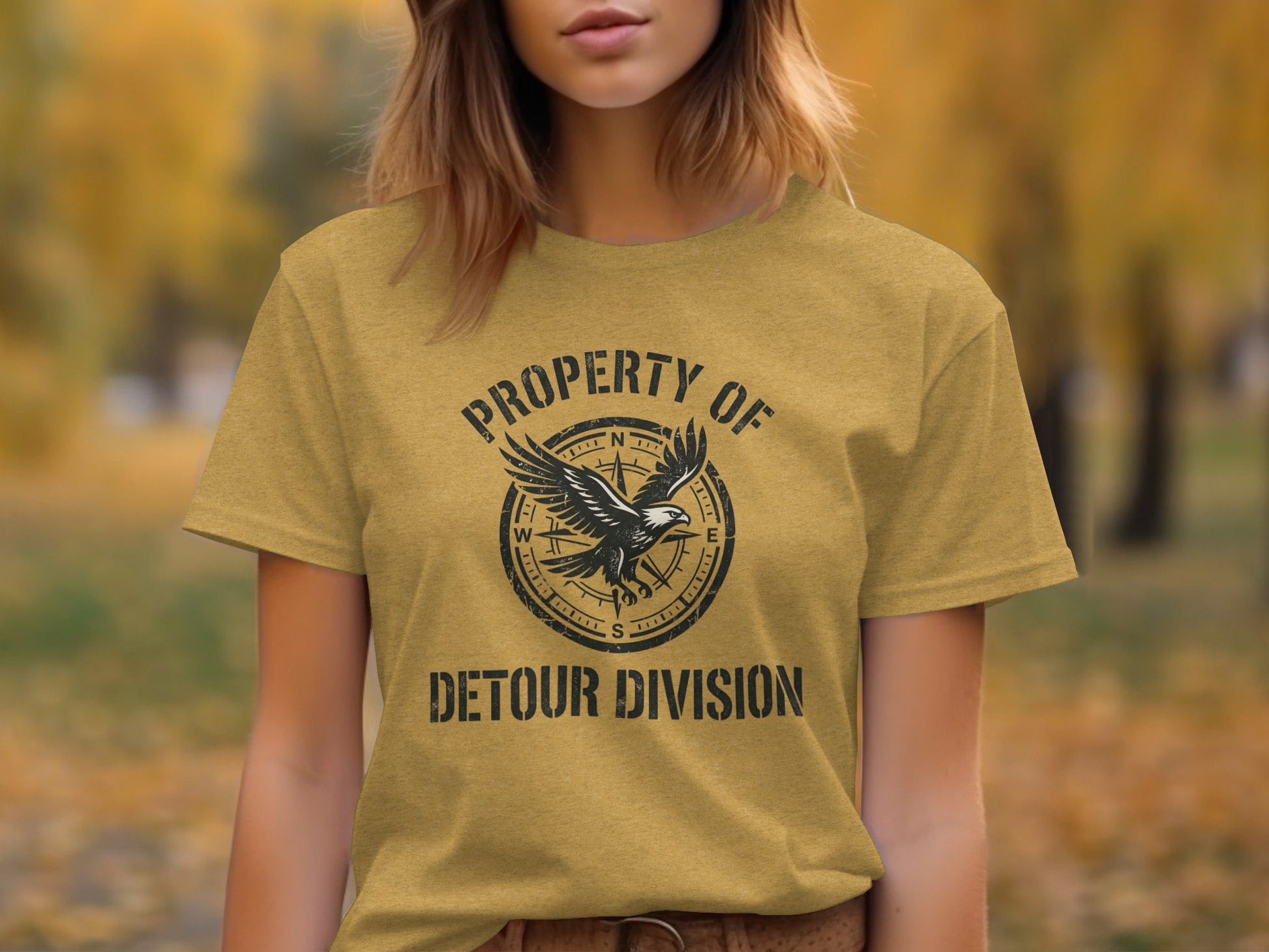 Rugged Detour Division Compass Eagle Tee Wilderness Shirt: T-shirt with compass, eagle, and text "PROPERTY OF DETOUR DIVISION".