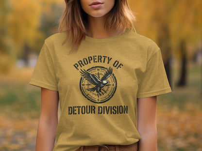 Rugged Detour Division Compass Eagle Tee Wilderness Shirt: T-shirt with compass, eagle, and text "PROPERTY OF DETOUR DIVISION".