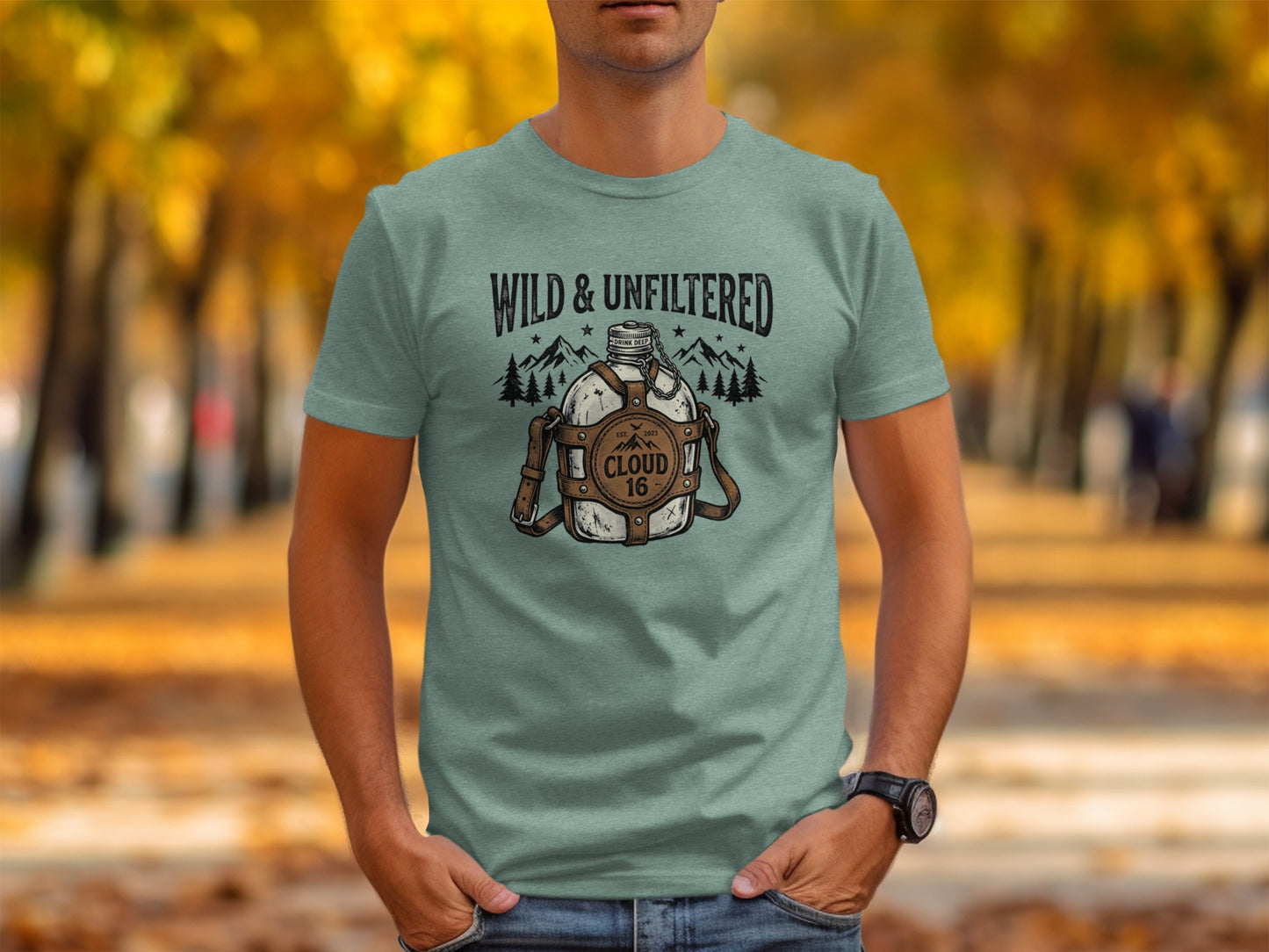 Rugged Wild & Unfiltered Spirit Wilderness Shirt: T-shirt with "Wild & Unfiltered" and canteen design.