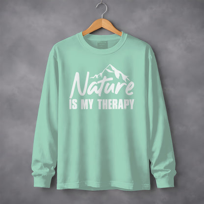 Nature Is My Therapy Mountain Graphic Text Long Sleeve T-Shirt Long Sleeve Tee - Outdoor & Adventure Collection - Mile Marker 16 Gear by Cloud 16 Clothing Co.