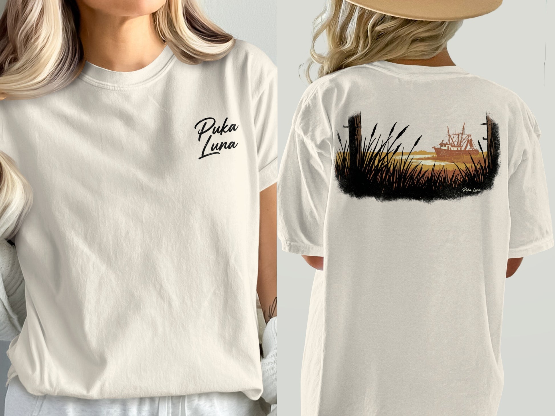 Cream t-shirt with Puka Luna logo on front and boat and grass on back.