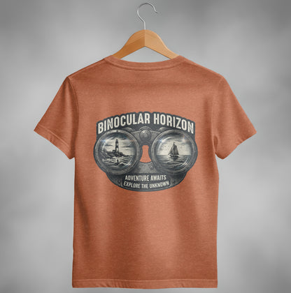Orange t-shirt with binoculars graphic showing lighthouse, boat, and text.