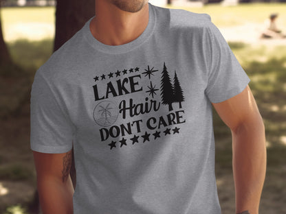 Lake with Hair Don't Care Graphic Image Printed T-Shirt T-Shirt - Outdoor & Adventure Collection - Mile Marker 16 Gear by Cloud 16 Clothing Co.