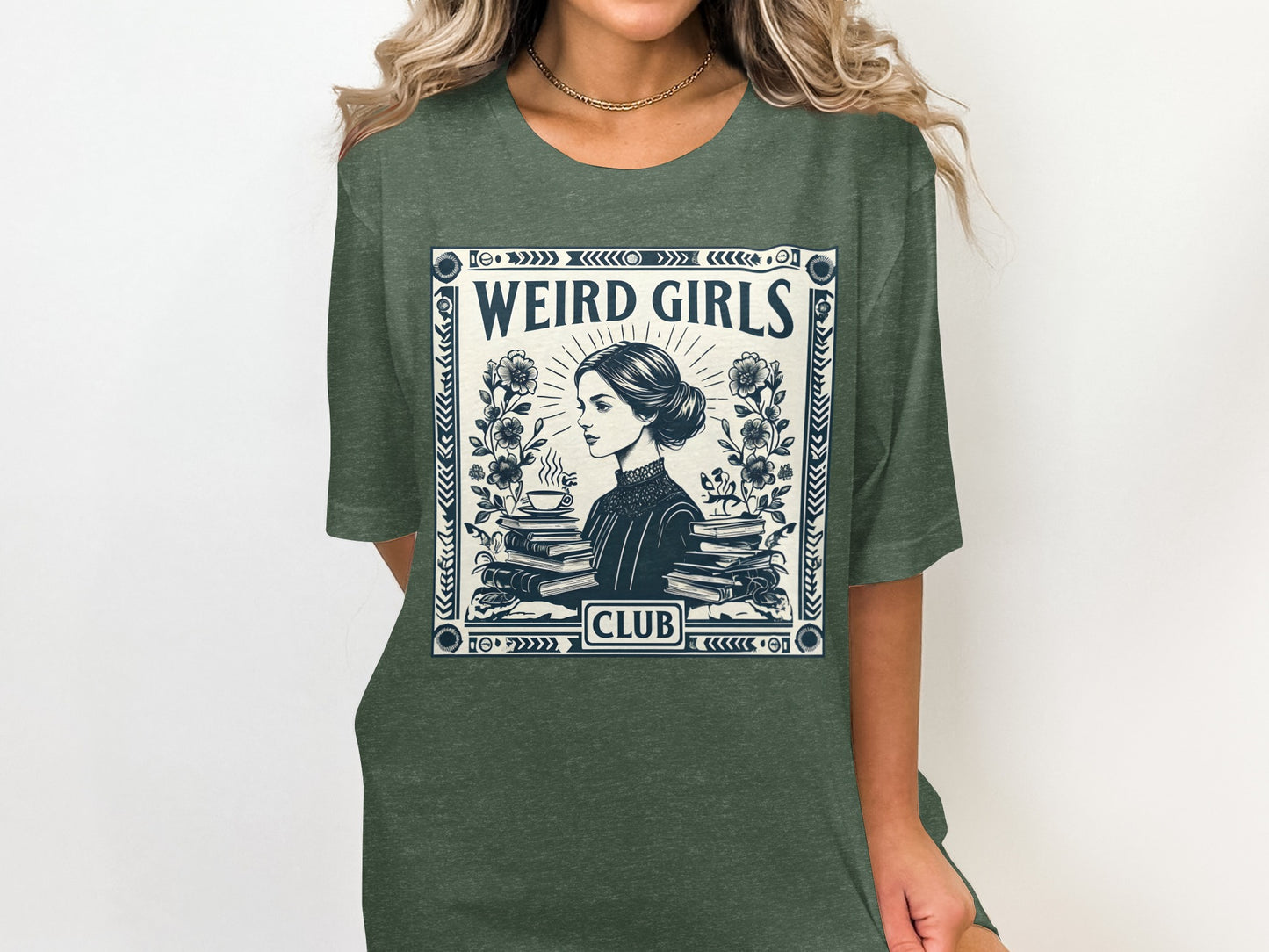 T-shirt graphic with "Weird Girls Club" text, a woman, and stacked books.