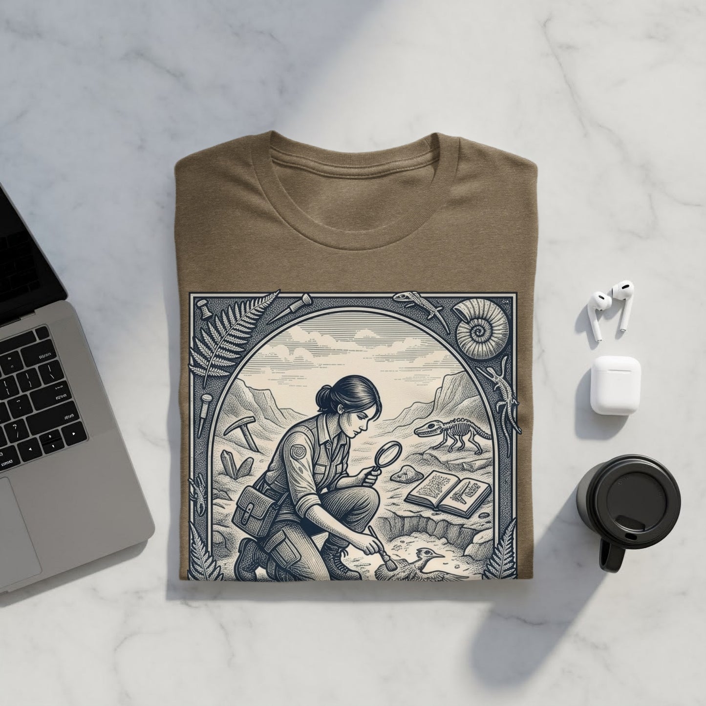 T-shirt graphic with paleontologist examining fossil, surrounded by scientific illustrations.