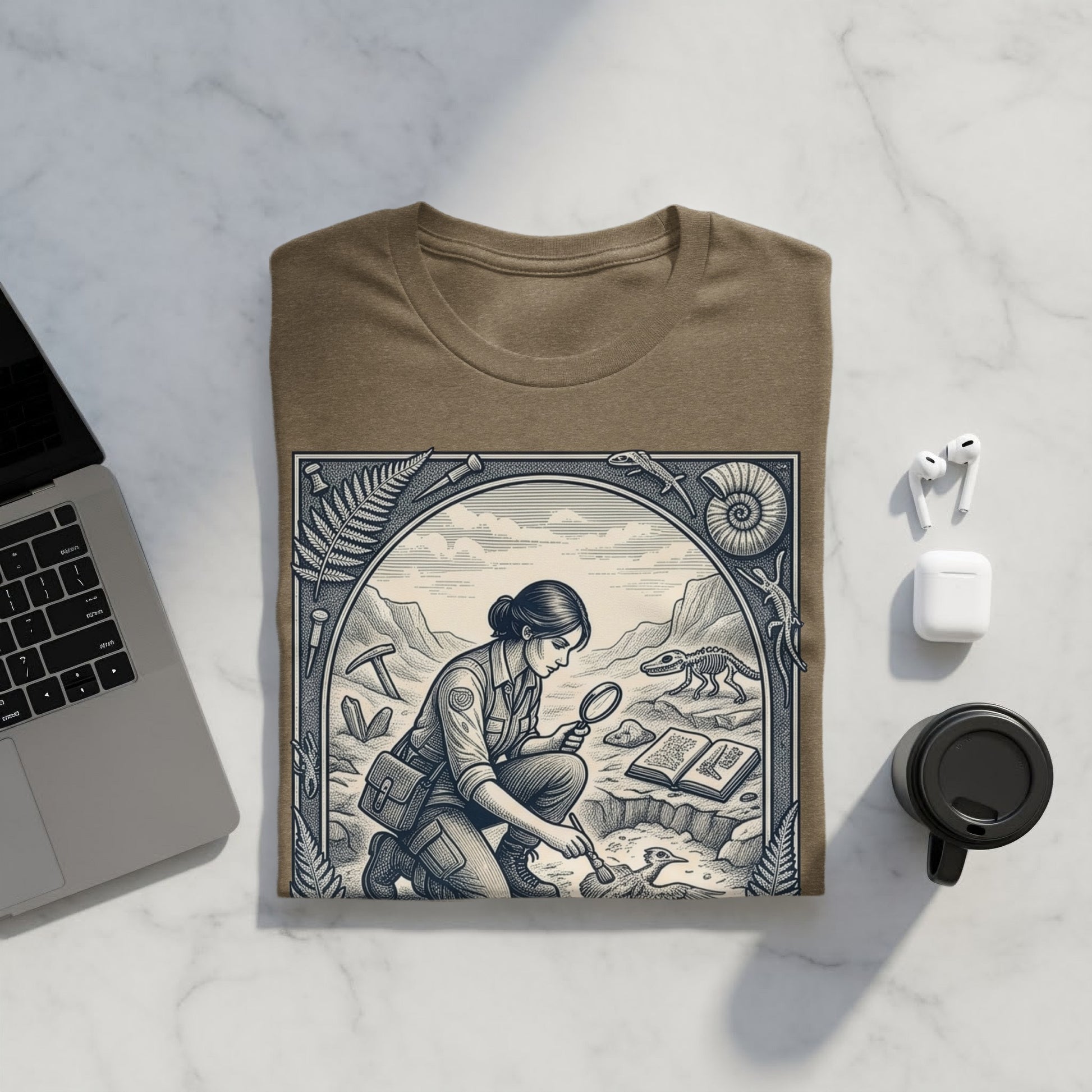 T-shirt graphic with paleontologist examining fossil, surrounded by scientific illustrations.