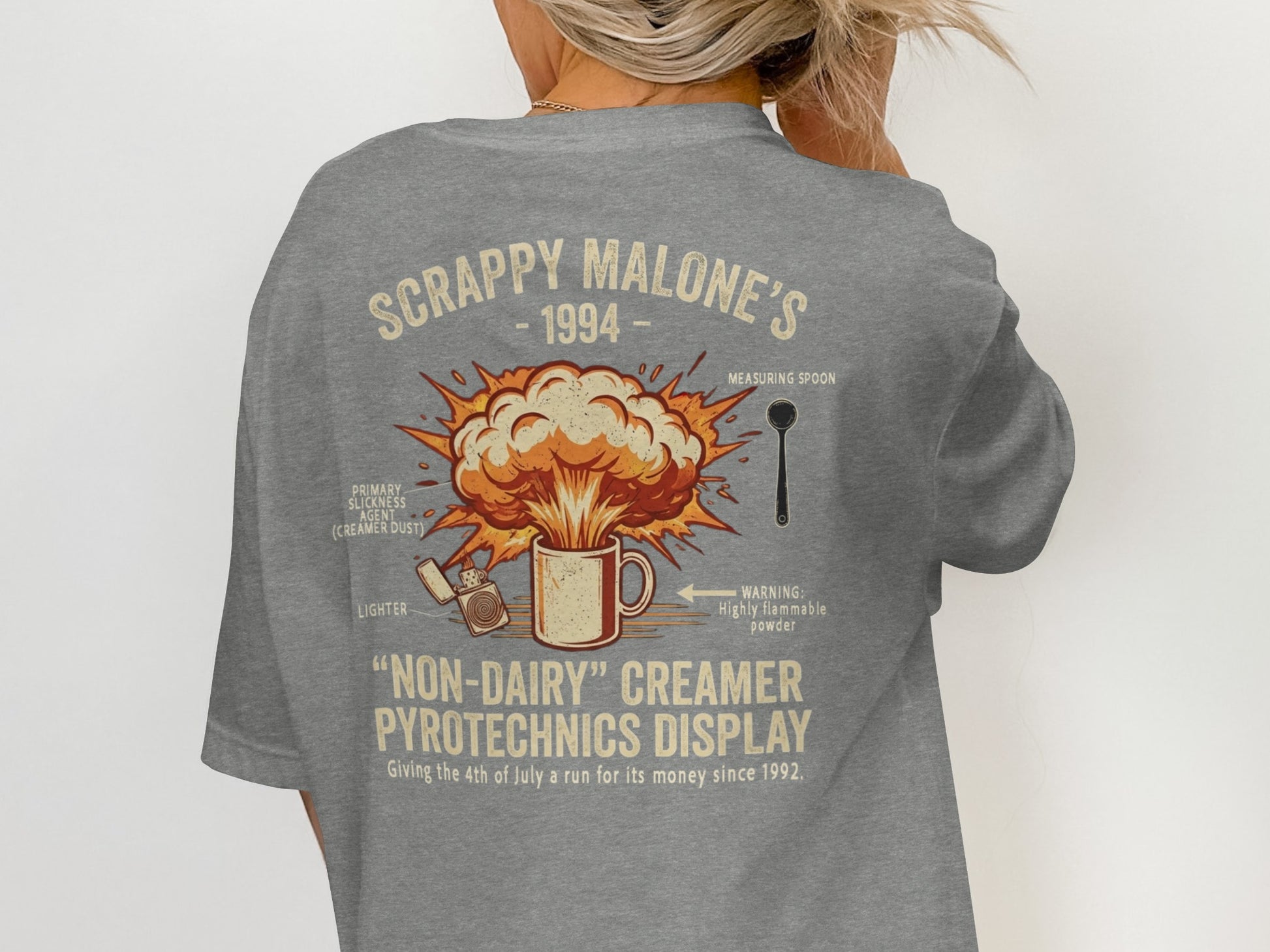 T-shirt graphic: Scrappy Malone's 1994 "Non-Dairy" Creamer Pyrotechnics Display.