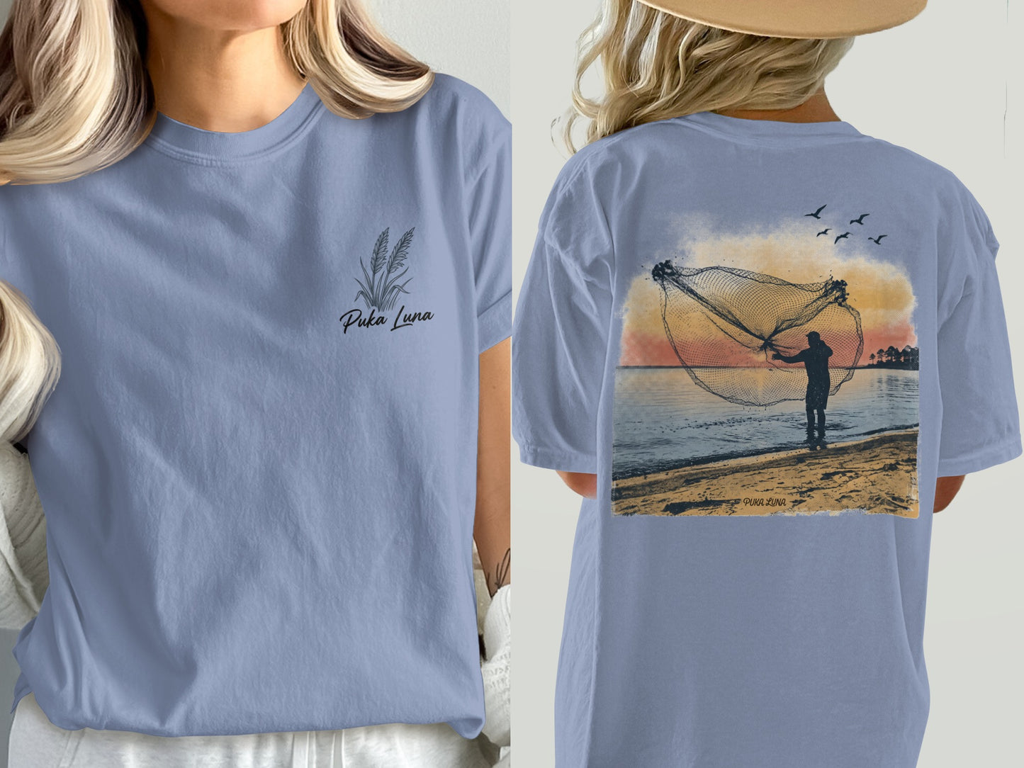 Blue t-shirt with Puka Luna logo on front, fisherman casting net at sunset on back.
