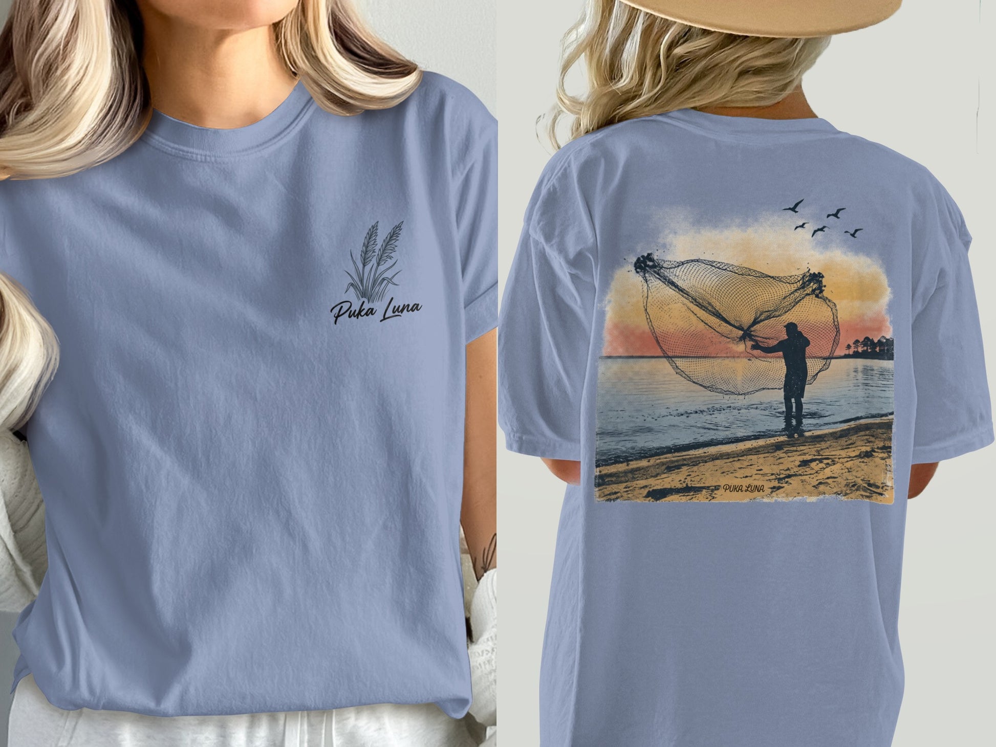 Blue t-shirt with Puka Luna logo on front, fisherman casting net at sunset on back.