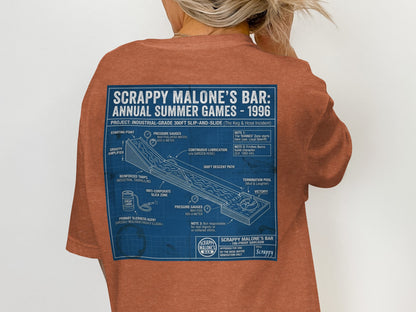 Scrappy Malone's Bar 1996 Summer Games slip-and-slide blueprint with diagram.