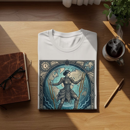White t-shirt with a woman standing on a globe, surrounded by celestial clockwork.