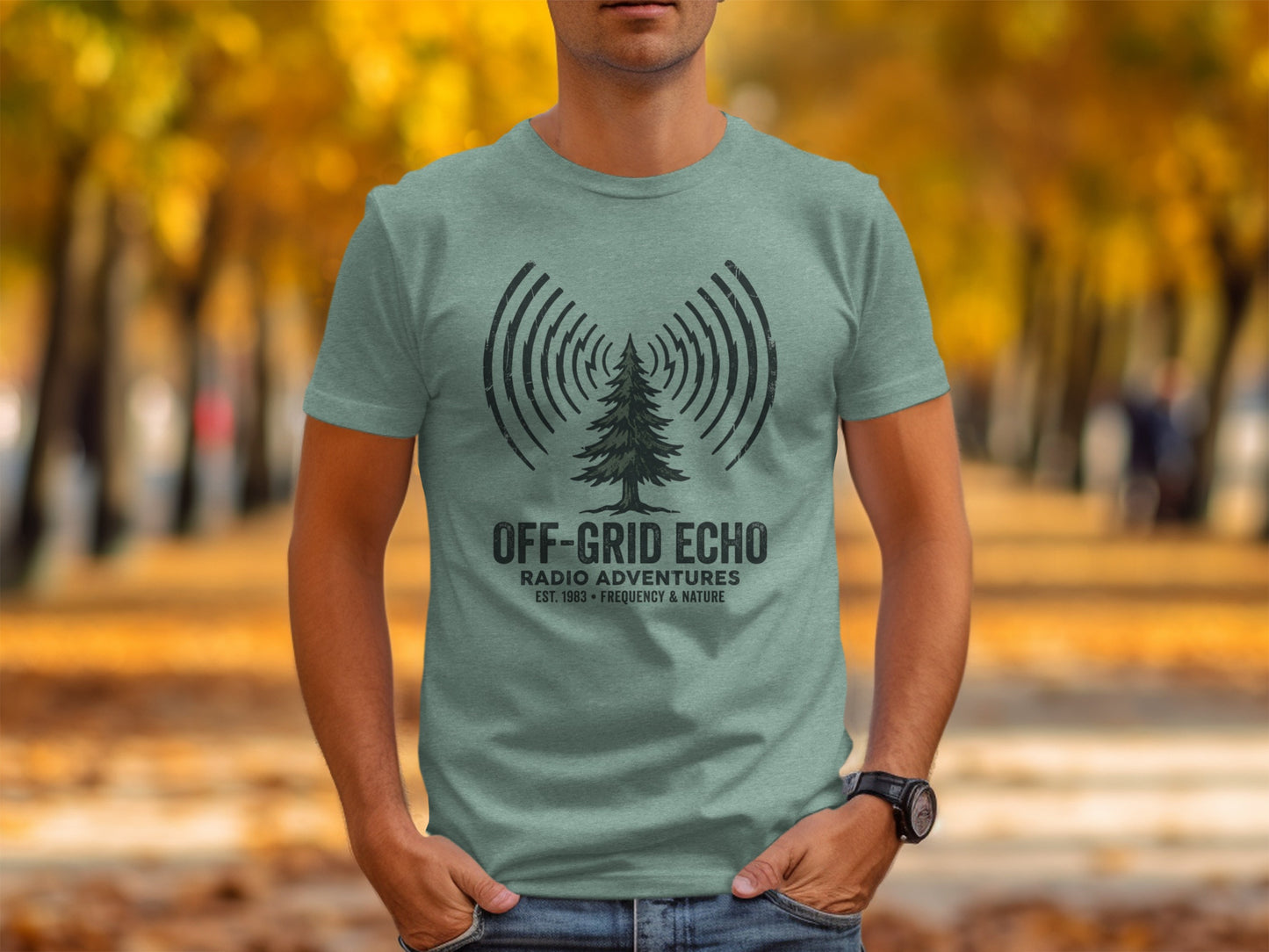 Off-Grid Radio Adventures | Vintage Outdoor Apparel: Green t-shirt with "Off-Grid Echo" and radio wave design.