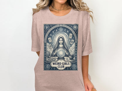 T-shirt graphic with a fortune teller and astrological symbols, "Weird Girls Club".