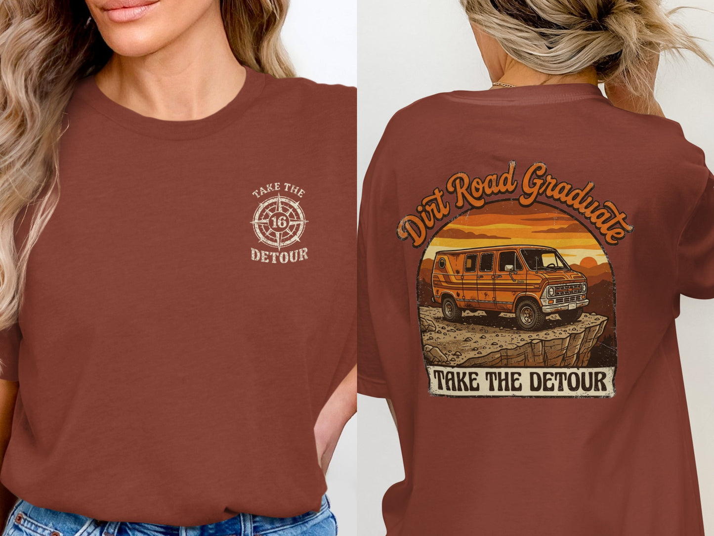 T-shirt with "Take the Detour" logo on front, and dirt road van graphic on back.