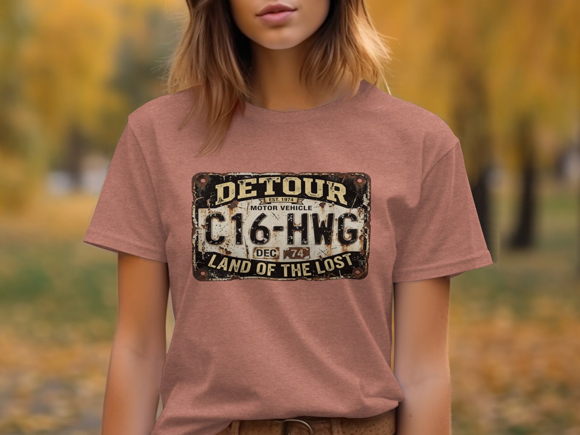 Detour 'Land of the Lost' Vintage | Vintage Outdoor Apparel: Distressed license plate graphic with "Detour Land of the Lost" text.