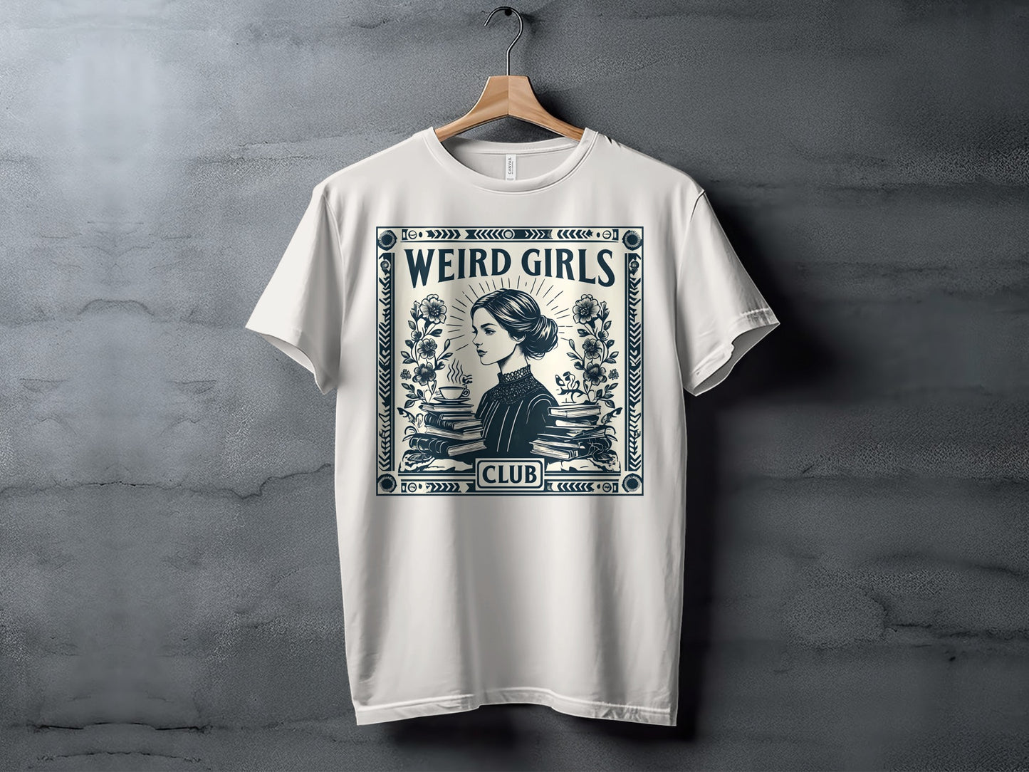 White t-shirt with "WEIRD GIRLS CLUB" and a woman reading books.