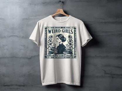White t-shirt with "WEIRD GIRLS CLUB" and a woman reading books.