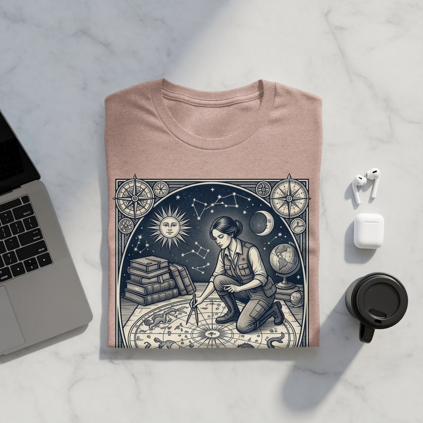 Woman charting constellations on celestial map with books and planets.
