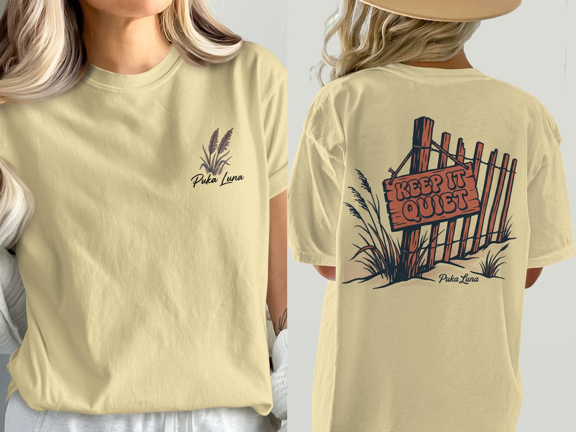 Cream t-shirt with "Puka Luna" and grass on front, "KEEP IT QUIET" sign on back.