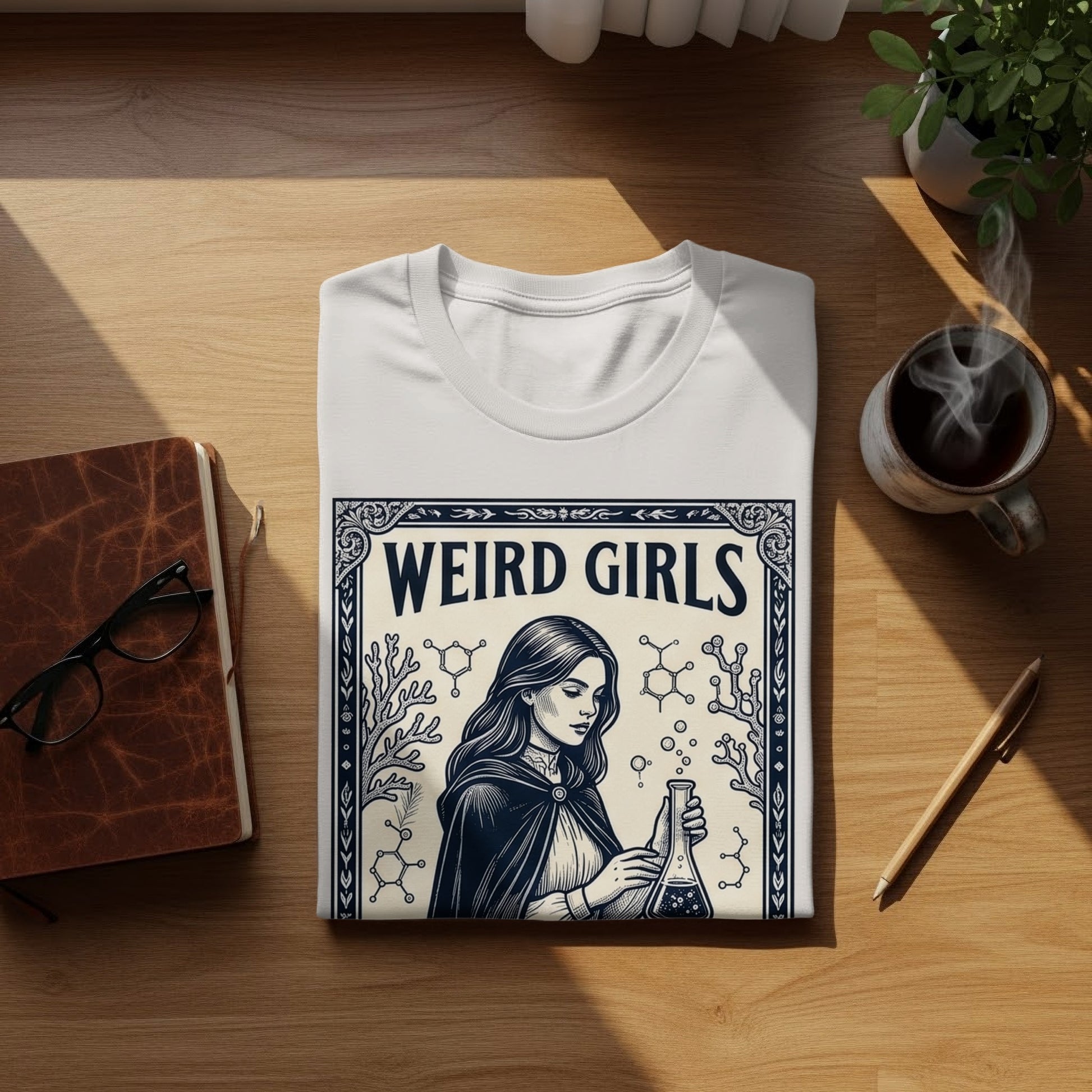 White t-shirt with "Weird Girls" text and a woman holding a flask.