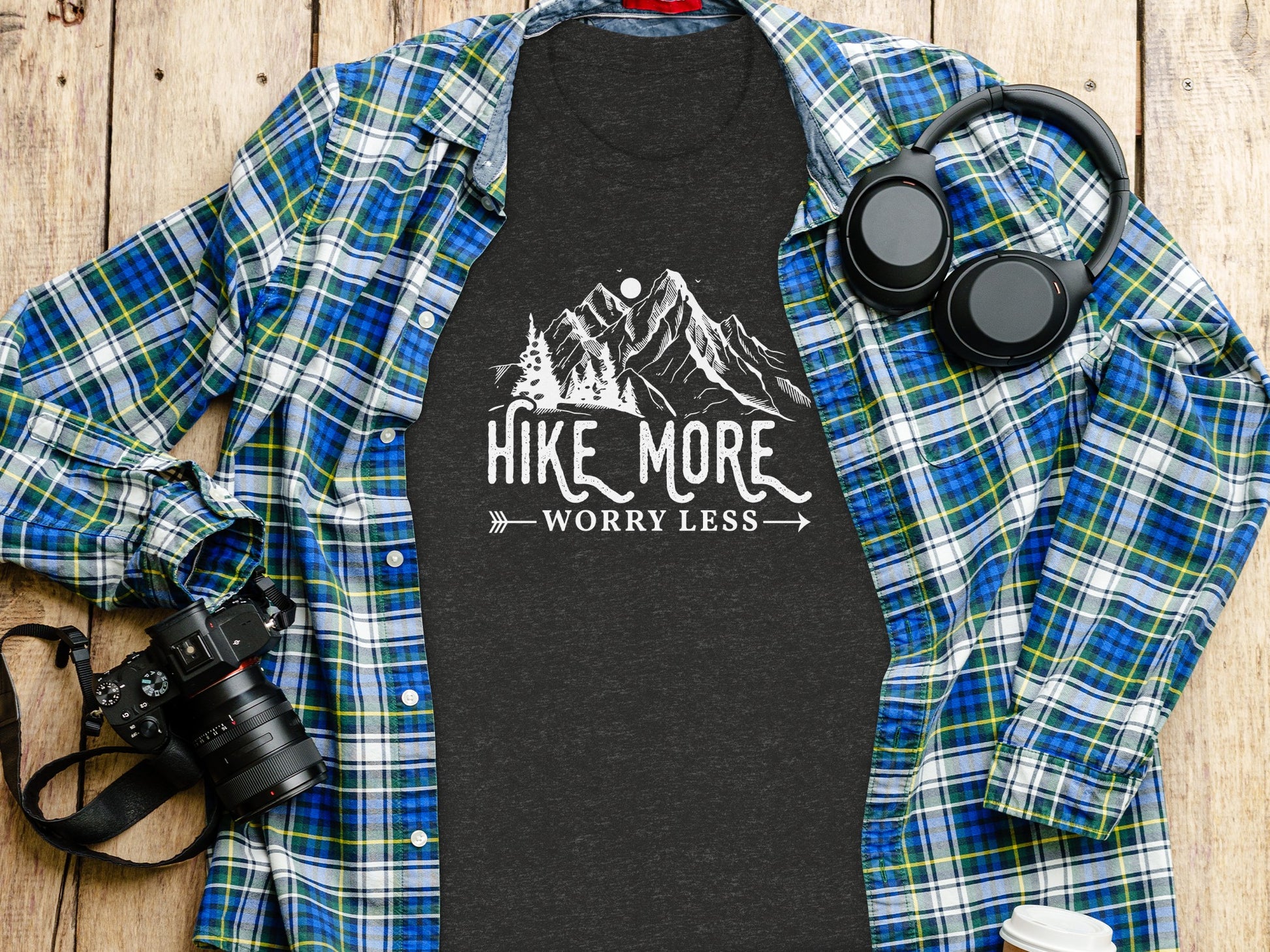 Hike More Worry Less Mountains Graphic Image T-Shirt T-Shirt - Outdoor & Adventure Collection - Mile Marker 16 Gear by Cloud 16 Clothing Co.