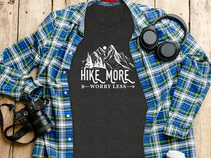 Hike More Worry Less Mountains Graphic Image T-Shirt T-Shirt - Outdoor & Adventure Collection - Mile Marker 16 Gear by Cloud 16 Clothing Co.