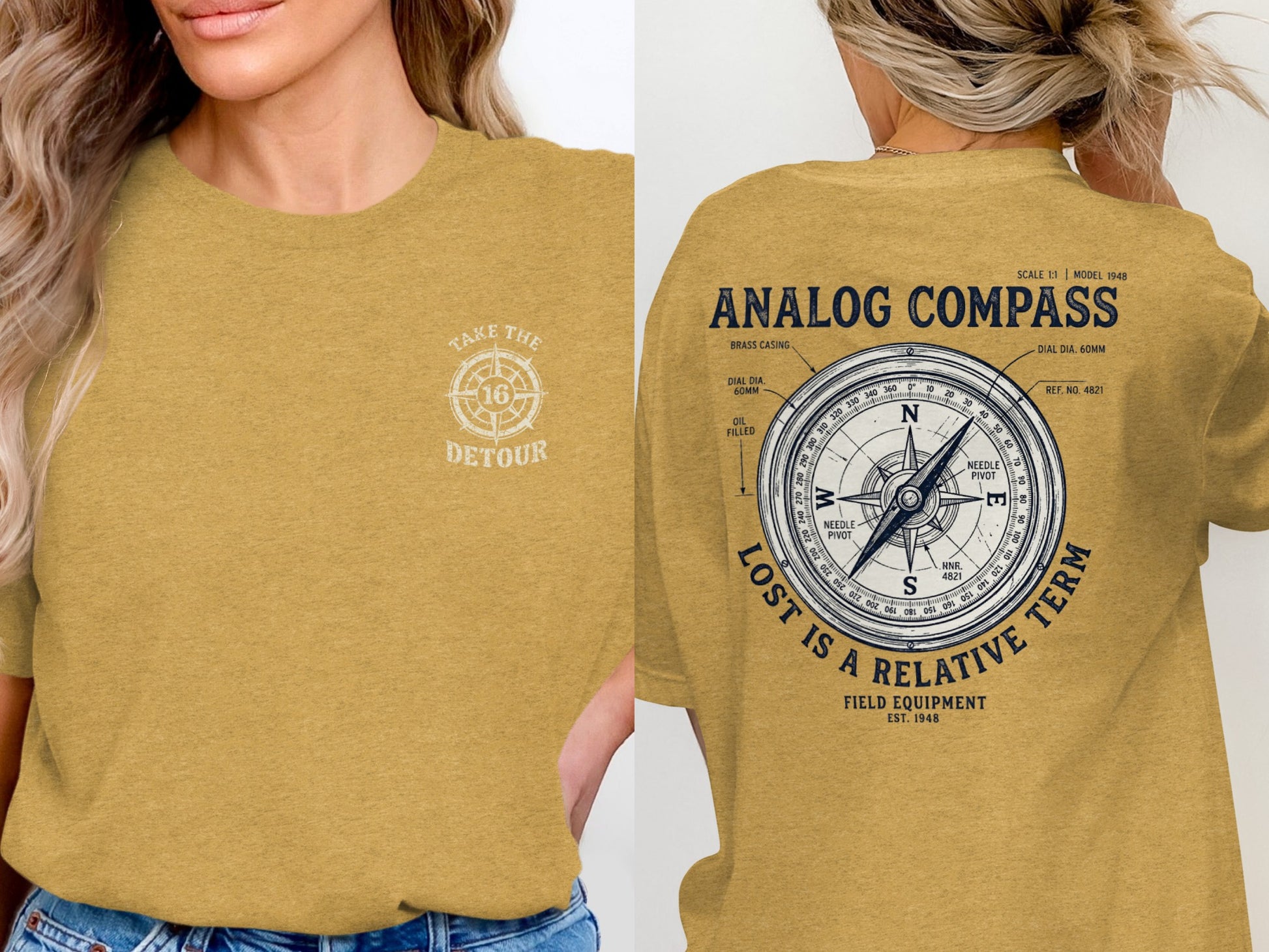 Mustard yellow t-shirt with "Take the Detour" on front and analog compass on back.