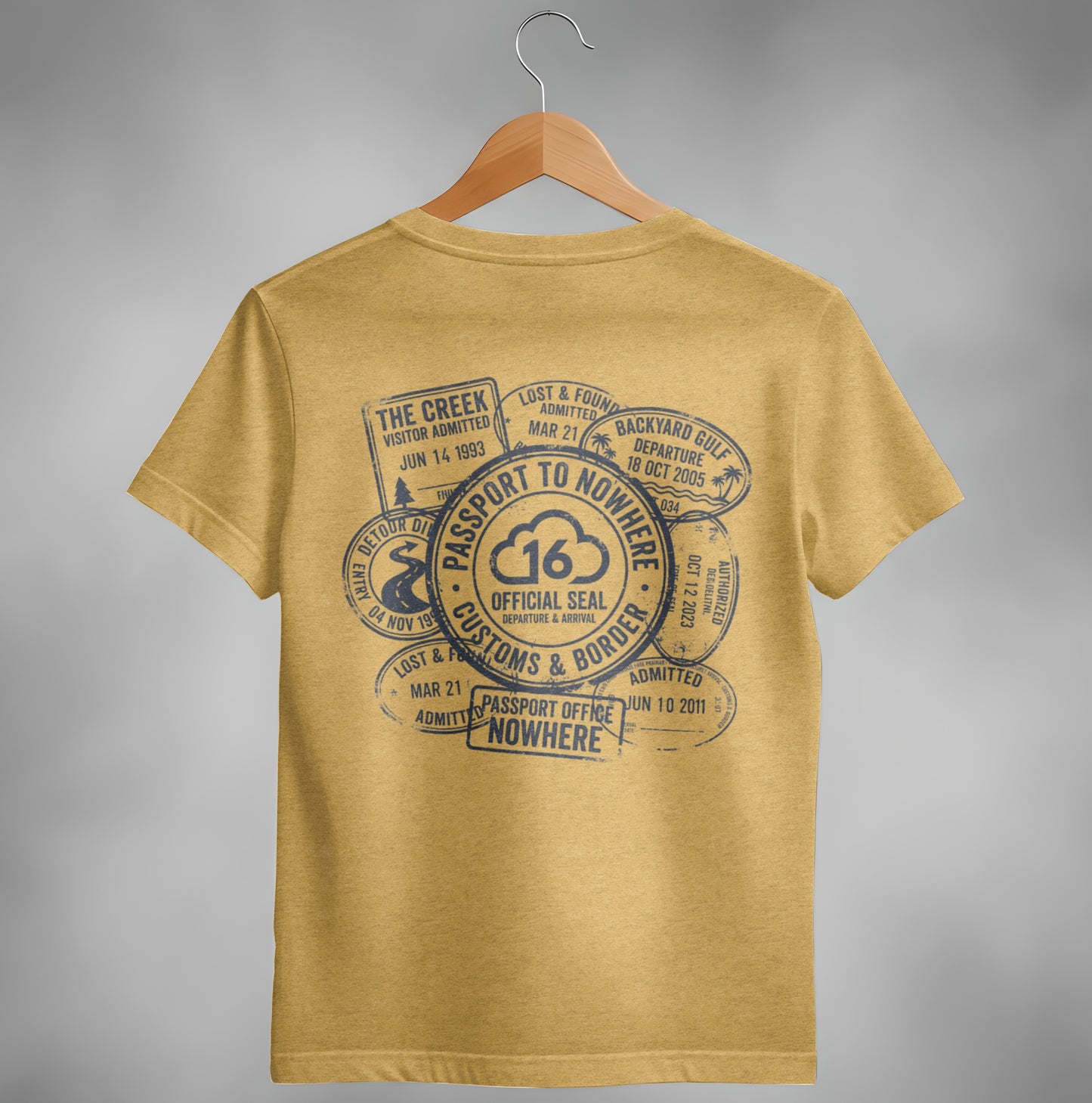Yellow t-shirt back with passport stamp design reading "Passport to Nowhere."